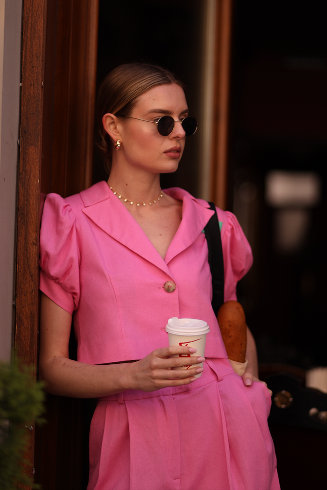 BÚDZIKO | MARSHMALLOW LINEN PUFFED SLEEVED PINK BLAZER