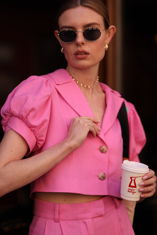 BÚDZIKO | MARSHMALLOW LINEN PUFFED SLEEVED PINK BLAZER