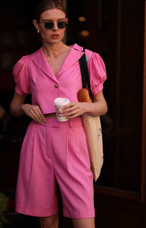 BÚDZIKO | MARSHMALLOW LINEN PUFFED SLEEVED PINK BLAZER