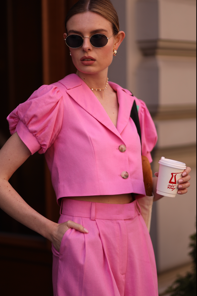 BÚDZIKO | MARSHMALLOW LINEN PUFFED SLEEVED PINK BLAZER