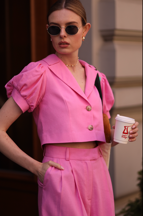 BÚDZIKO | MARSHMALLOW LINEN PUFFED SLEEVED PINK BLAZER