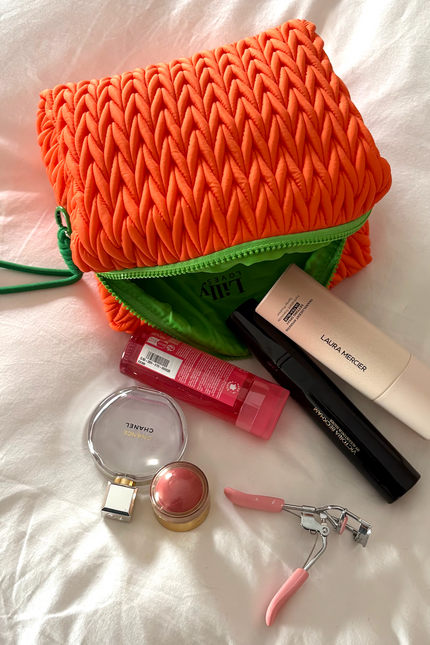 Lillyloves squishy orange makeup bag, soft wash bag with fun orange design, perfect for storing cosmetics and toiletries.