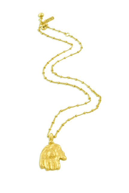 Gold plated Necklace By Arvino Which has a sacred Hand on a white background