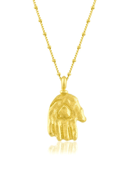 Close up Shot of Sculpted Hand Charm Necklace By Arvino on white background