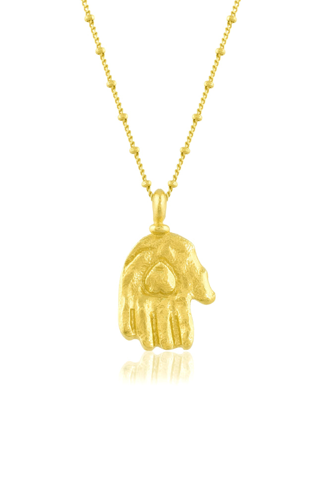 Close up Shot of Sculpted Hand Charm Necklace By Arvino on white background