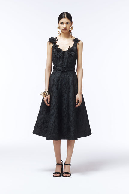SOUR FIGS 3D Sculptural floral jacquard midi dress in black with belted waist – elegant eveningwear