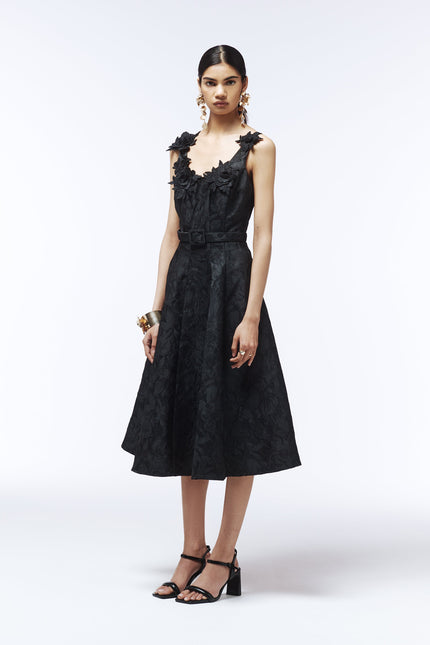 SOUR FIGS black midi dress featuring 3D flower appliqué straps and flared skirt – cocktail outfit