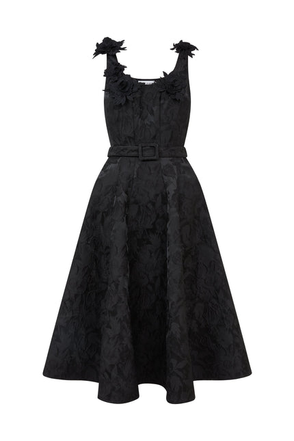 SOUR FIGS belted black jacquard midi dress with floral appliqué neckline – formal occasionwear