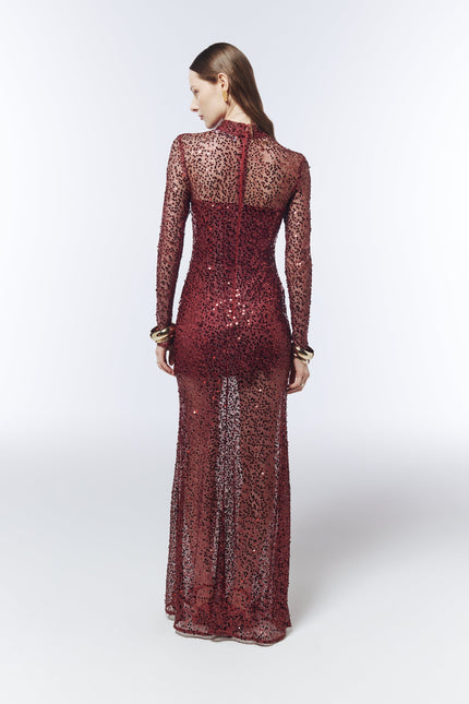 SOUR FIGS sheer sequin evening dress in Garnet Noir Red for formal events, parties and occasionwear