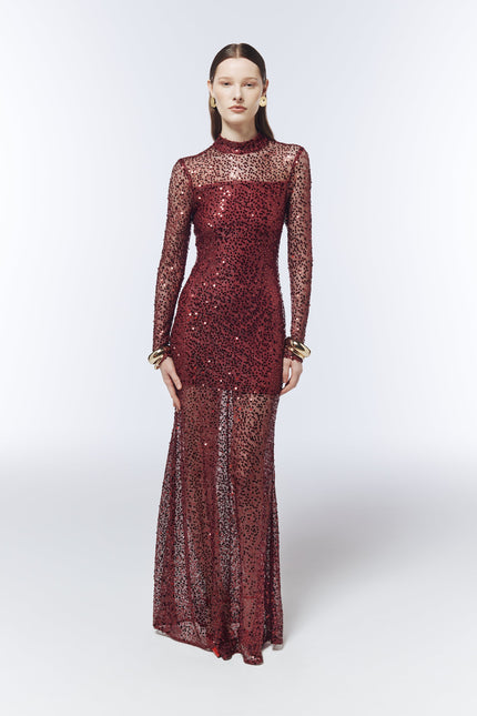 SOUR FIGS Sequin-Embellished Sheer Mesh Gown in Garnet Noir Red with long sleeves and fitted silhouette