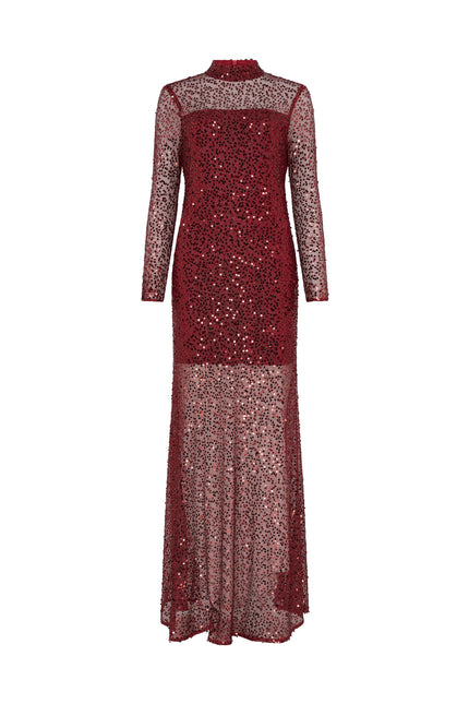 SOUR FIGS statement red evening gown with all-over sequins and sheer mesh detailing