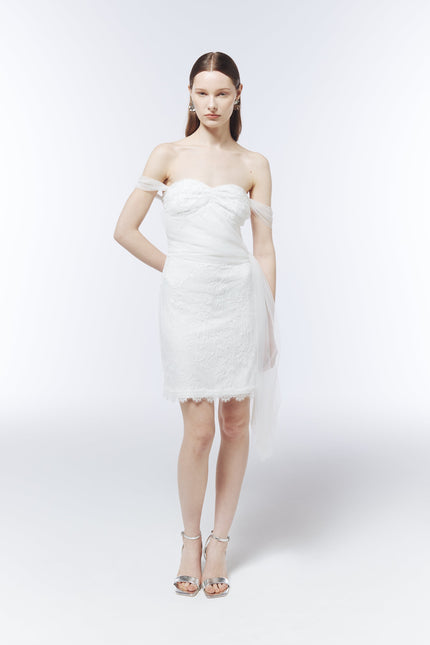 SOUR FIGS Sequinned Lace Off-Shoulder Mini Dress in Optical White with asymmetric tulle drape.