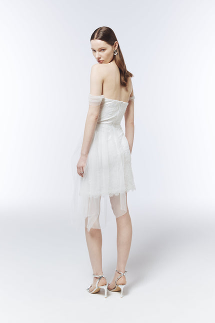 SOUR FIGS off-the-shoulder cocktail dress with fitted lace skirt and sheer tulle detailing.