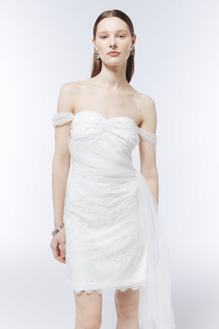 SOUR FIGS fitted bridal mini dress with tonal sequins, ruched tulle and scalloped lace hem.