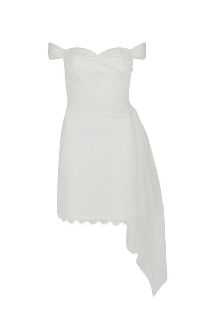SOUR FIGS modern bridal reception mini dress with sweetheart bodice and subtle sequin embellishment.
