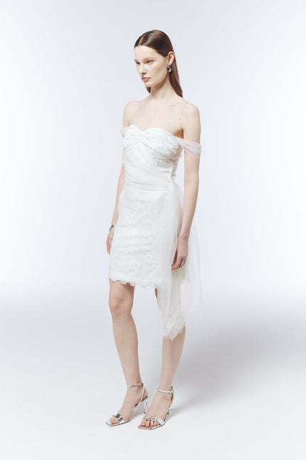 SOUR FIGS Optical White occasion dress with floral lace and a long side drape.
