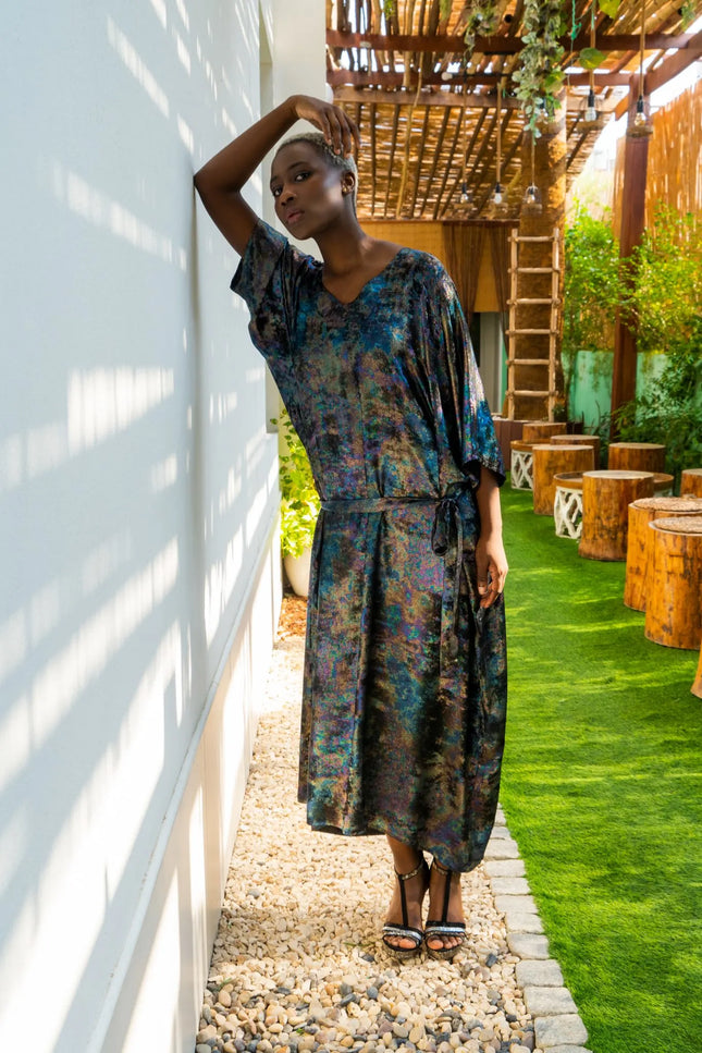 Shadow Of Sequin Shimmer Rainbow Black Long Kaftan - Party Dress