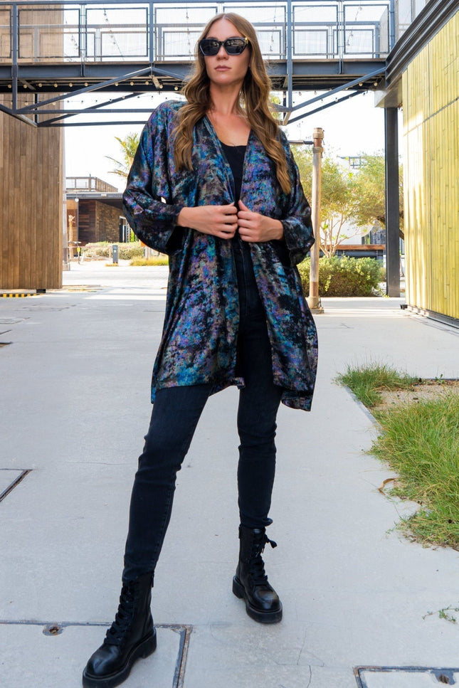 Shadow Of Sequin Shimmer Rainbow Black Short Kimono