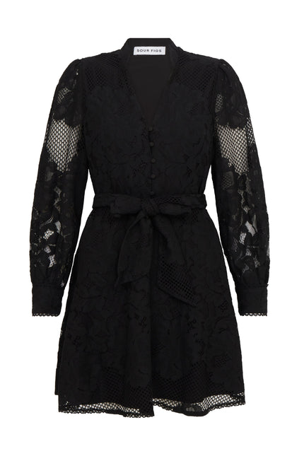 SOUR FIGS Sheer Lace Long Sleeve Mini Dress in Black 