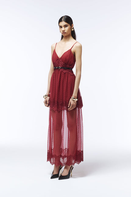 Sour Figs burgundy red lace maxi dress with sheer polka-dot overlay and V-neckline