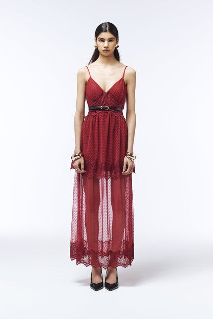 Sour Figs elegant evening maxi dress in burgundy red with lace trim and black belt