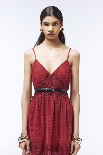 Sour Figs sheer burgundy lace maxi dress for cocktail parties and special occasions
