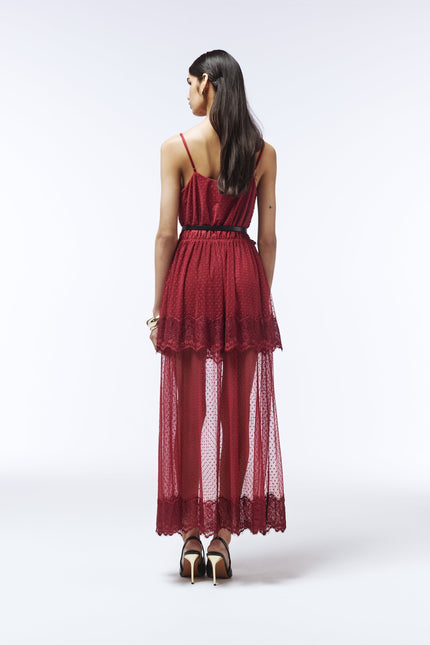 Sour Figs burgundy red lace dress with adjustable straps and semi-sheer hemline
