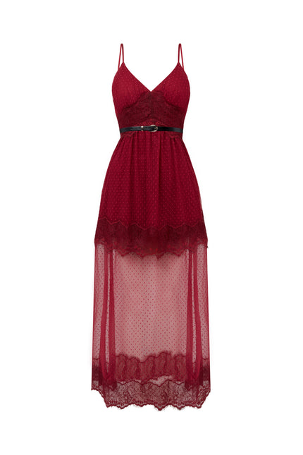 Sour Figs burgundy lace maxi dress with feminine silhouette, ideal for weddings and events