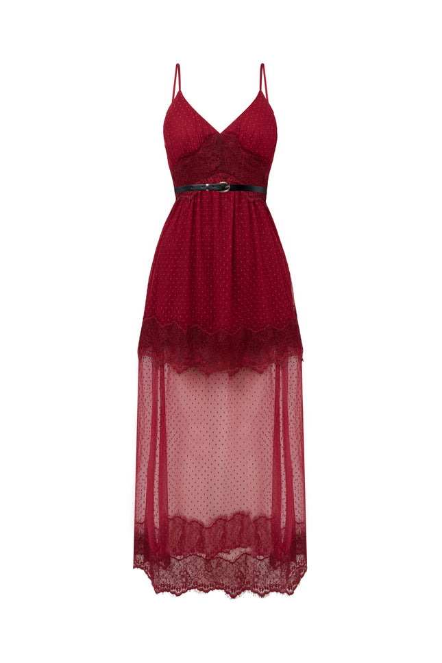 Sour Figs burgundy lace maxi dress with feminine silhouette, ideal for weddings and events