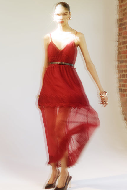 SOUR FIGS sheer burgundy lace maxi dress with dotted tulle overlay