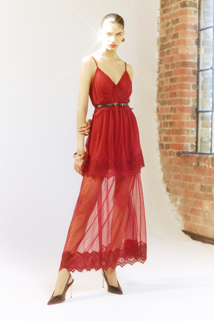 Sour Figs romantic burgundy lace V-neck dress with black belt detail