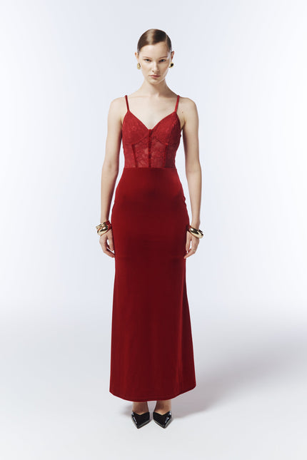 SOUR FIGS Sheer Lace Corset Velvet Maxi Dress in Crimson Red front view