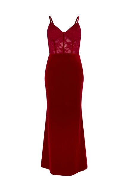 SOUR FIGS lace corset detail velvet dress in Crimson Red