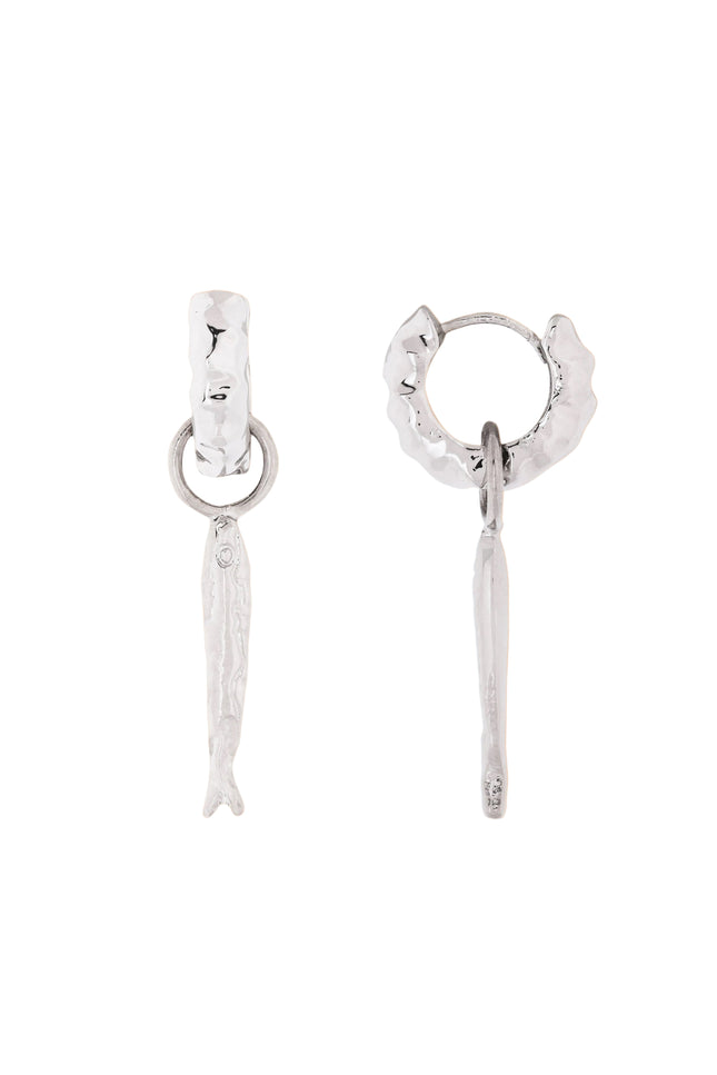 Pair of silver hoop earrings with dangling Fish  on a White background