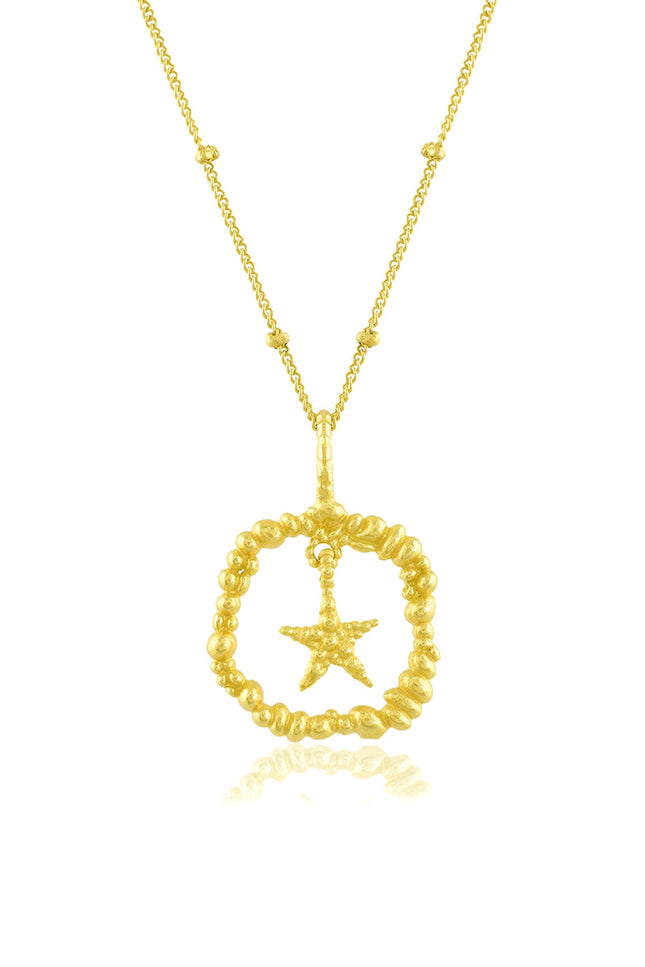 Gold Plated necklace with a Granulated star pendant on a white background