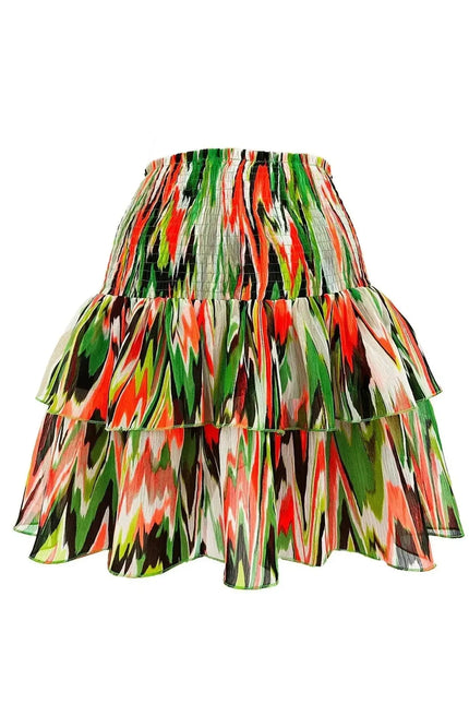 Smocked Ruffle Mini Skirt - Zigzag Green Orange