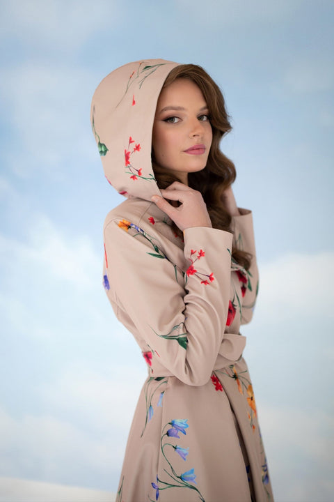 Hooded beige trench coat with flower print and belt