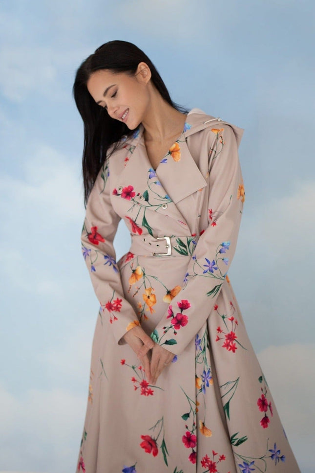 Beige Design Coat with Colorful Flower Print and Belt