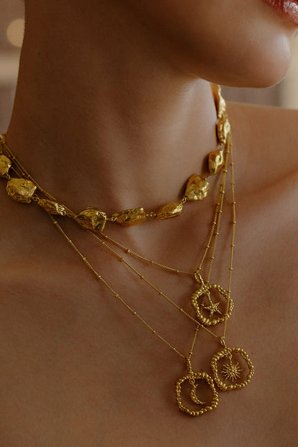 Model Stacking multiples necklace By Arvino. Premium affordable Demi fine Necklace by Arvino