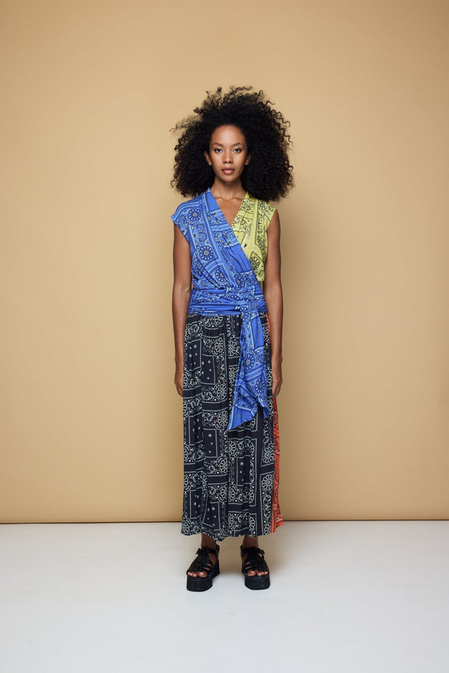 State Of Georgia I THE POINT DRESS MAXI - PATCHWORK BANDANA BLUE/LIME/BLACK/BLOOD ORANGE