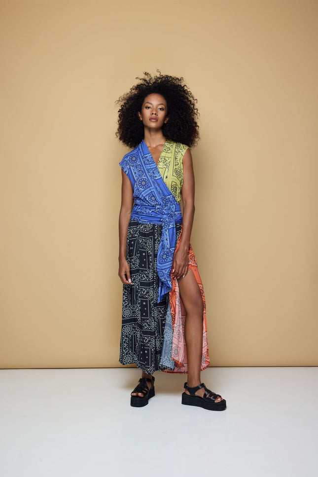 State Of Georgia I THE POINT DRESS MAXI - PATCHWORK BANDANA BLUE/LIME/BLACK/BLOOD ORANGE