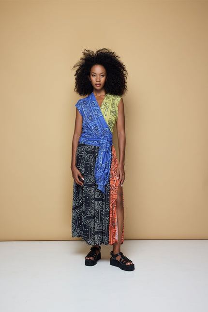State Of Georgia I THE POINT DRESS MAXI - PATCHWORK BANDANA BLUE/LIME/BLACK/BLOOD ORANGE