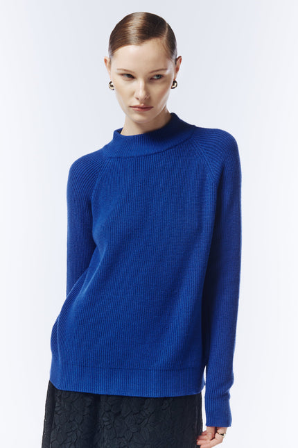 Sour Figs Structured High-Neck Jumper in Sapphire Blue front view on model