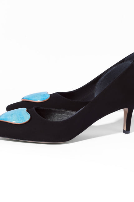Suede leather stilettos in black suede with blue gold accessory 5 cm heel