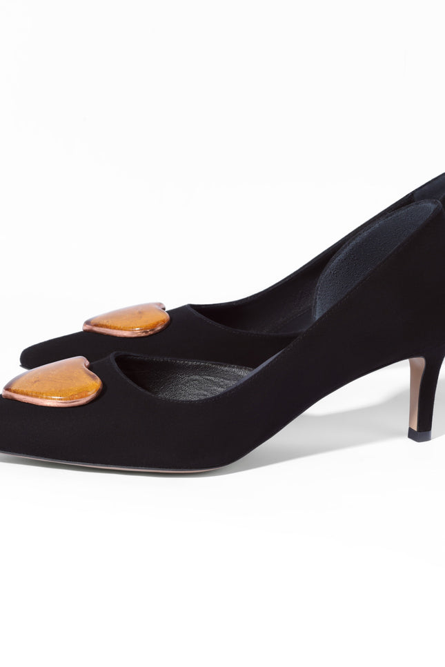 Suede leather evening stilettos in black suede with gold accessory 5 cm heel