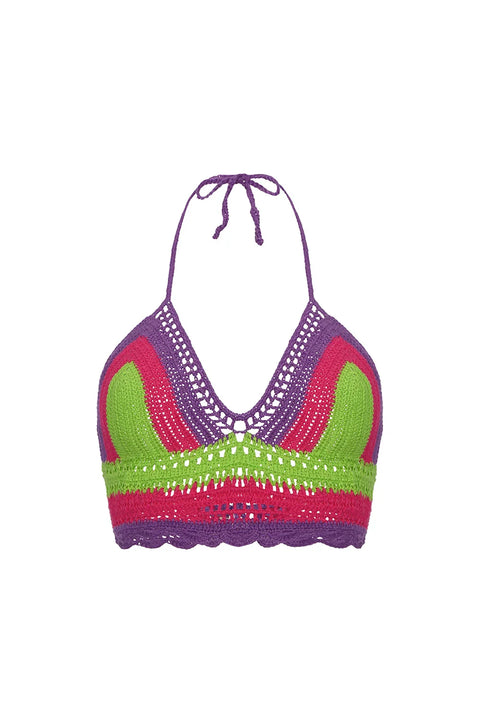 Sunshine Crochet Top Green with Fuchsia and Lavender NORGÄTE alpaca knitwear sustainably made in Peru