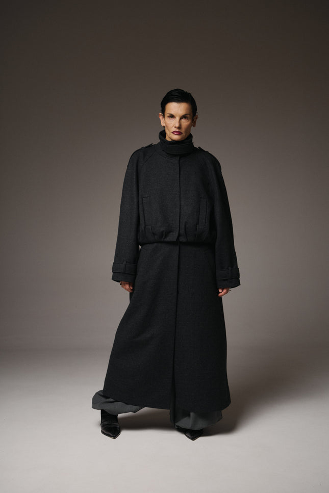 This Transformable Wool Bomber-Coat redefines versatility with modern tailoring and modular design.