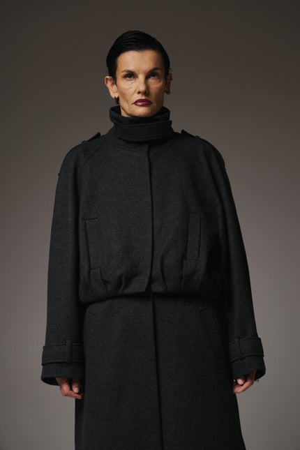 This Transformable Wool Bomber-Coat redefines versatility with modern tailoring and modular design.