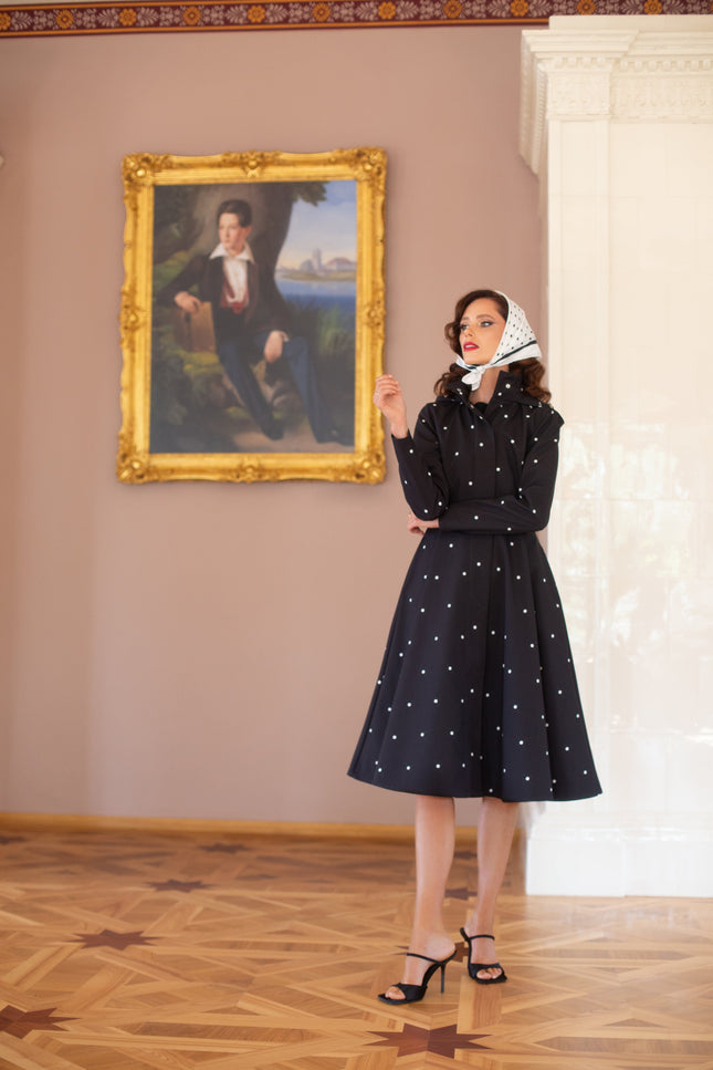 RainSisters | Fitted and Flared Coat with A-Line Skirt in Black 'Timeless Polka Dots'