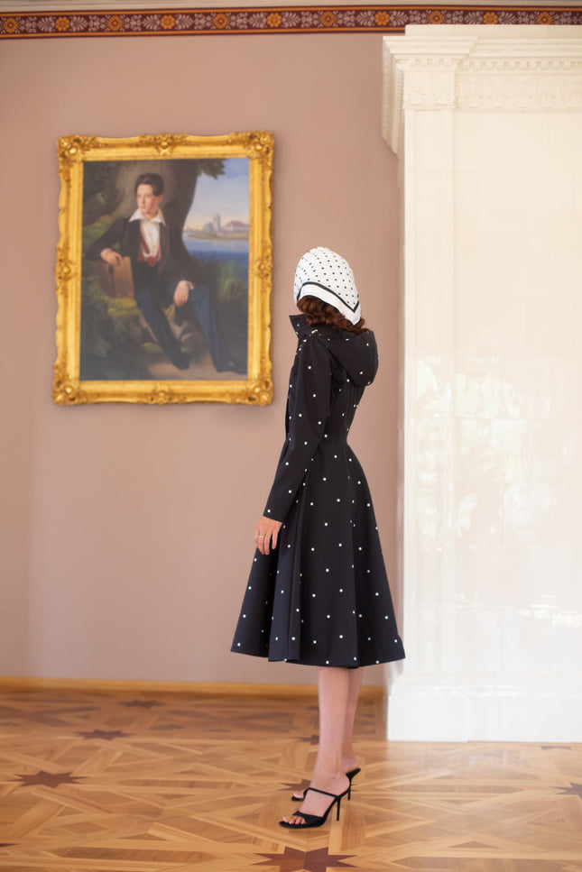 RainSisters | Fitted and Flared Coat with A-Line Skirt in Black 'Timeless Polka Dots'